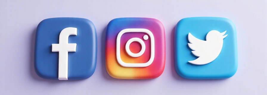 A collage of various social media icons (Facebook, Instagram, Twitter) rendered in a smooth, claymorphism style, against a soft, gradient background.